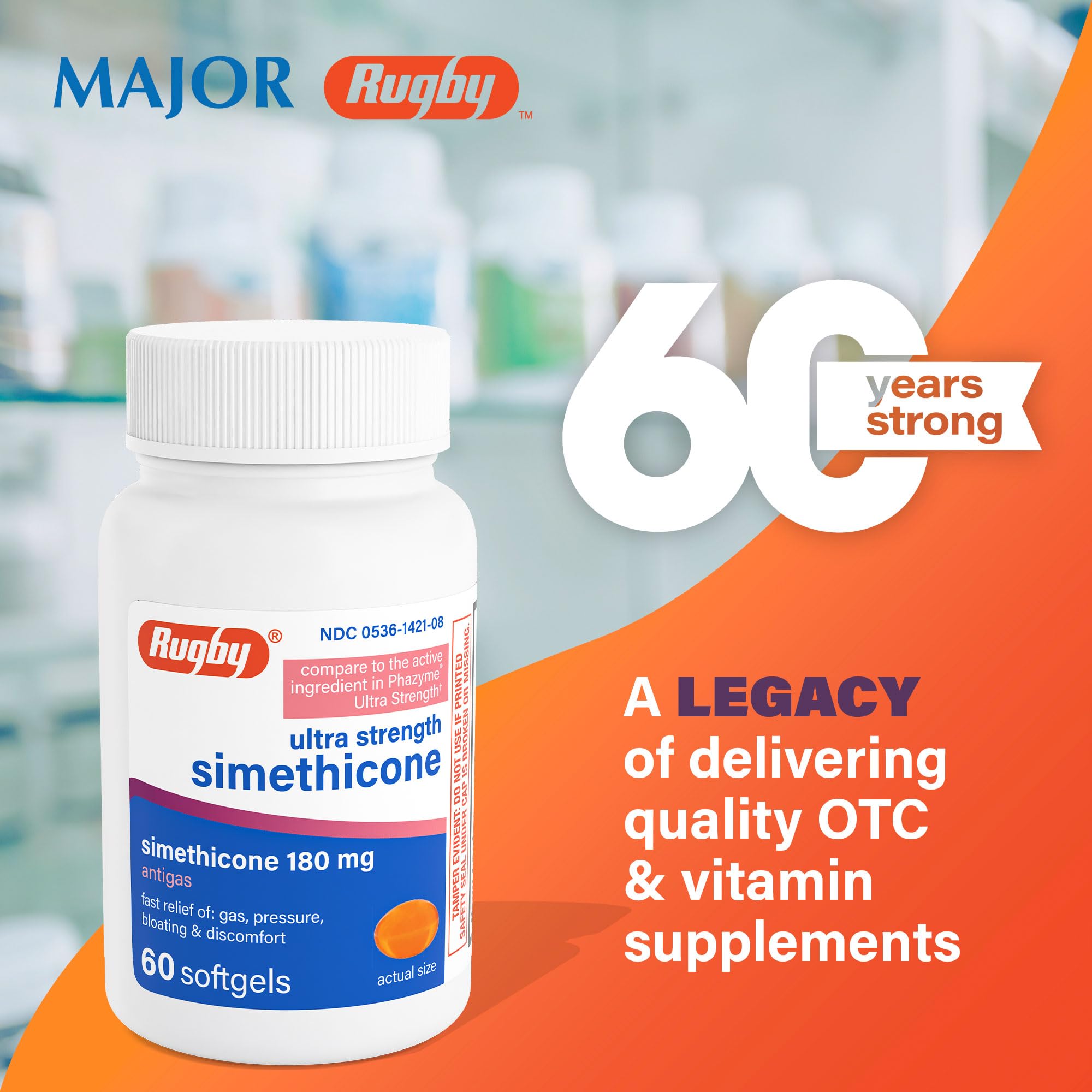 Close-up of Rugby Laboratories simethicone softgels for fast after-meal relief.