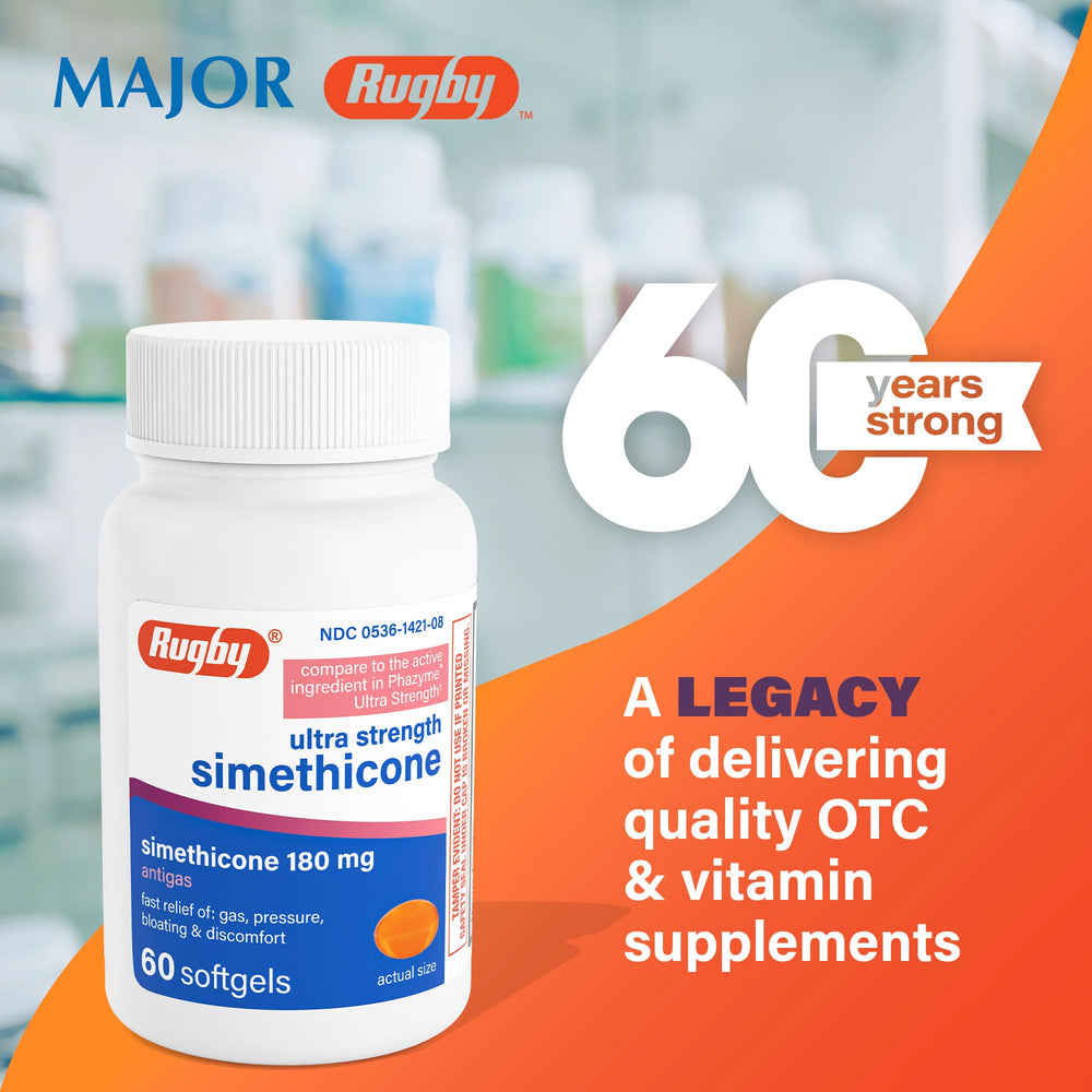 Close-up of Rugby Laboratories simethicone softgels for fast after-meal relief.