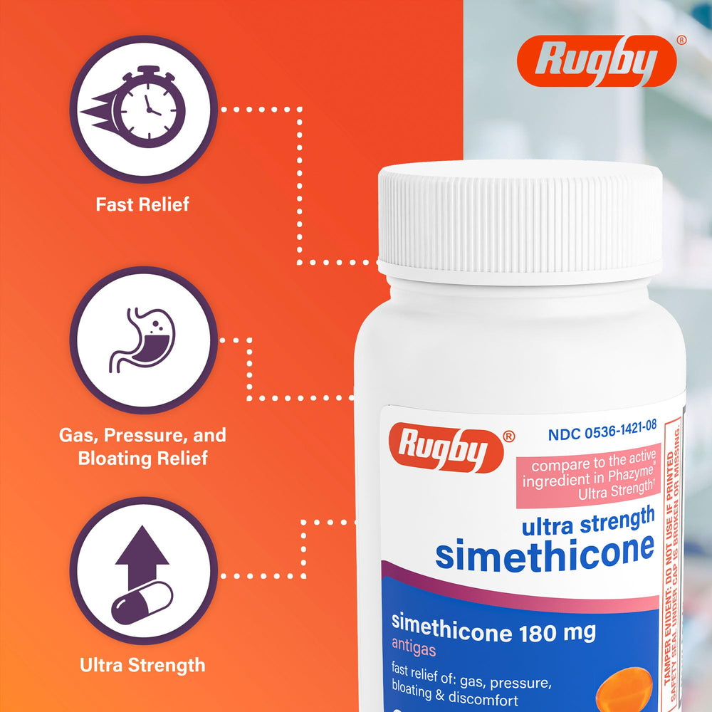 Hands holding Rugby Laboratories simethicone softgels for on-the-go relief.