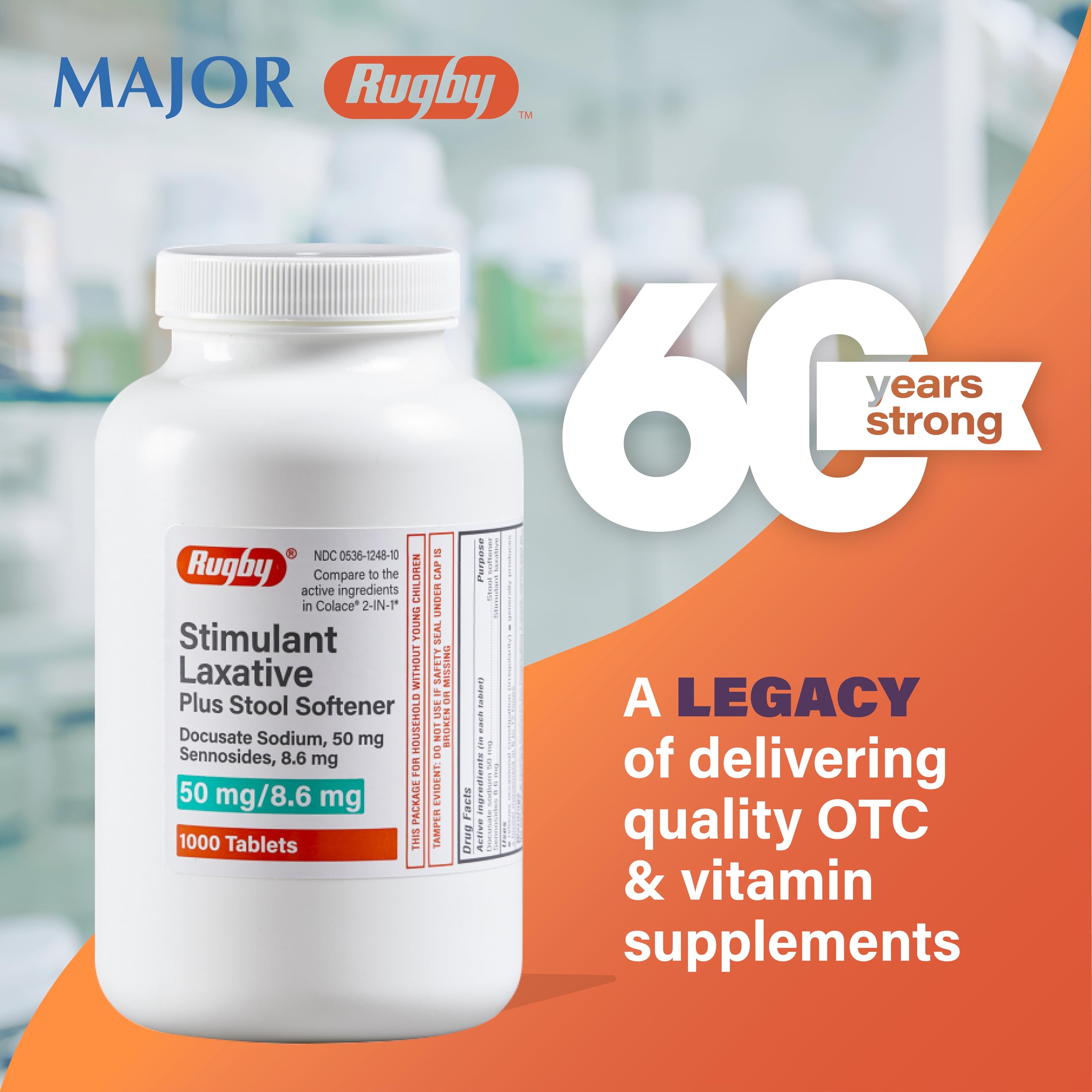 Rugby Laboratories stimulant laxative packaging box shows dosage guidance