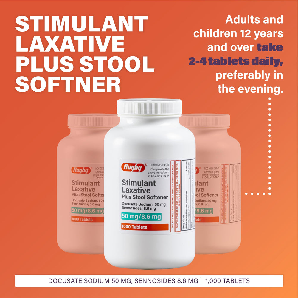 Rugby Laboratories stool softener tablets close-up highlighting docusate and sennosides