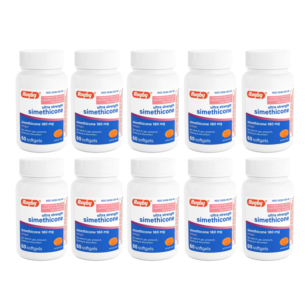 Rugby Laboratories ultra strength simethicone bottle ready for post-meal relief.