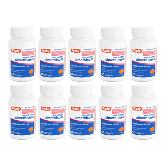 Rugby Laboratories ultra strength simethicone bottle ready for post-meal relief.
