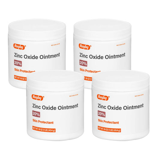Rugby Laboratories zinc oxide ointment bottle with 20% zinc oxide for skin protection.