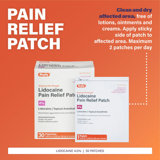 Rugby lidocaine patch pack back view highlighting compact unscented treatment.
