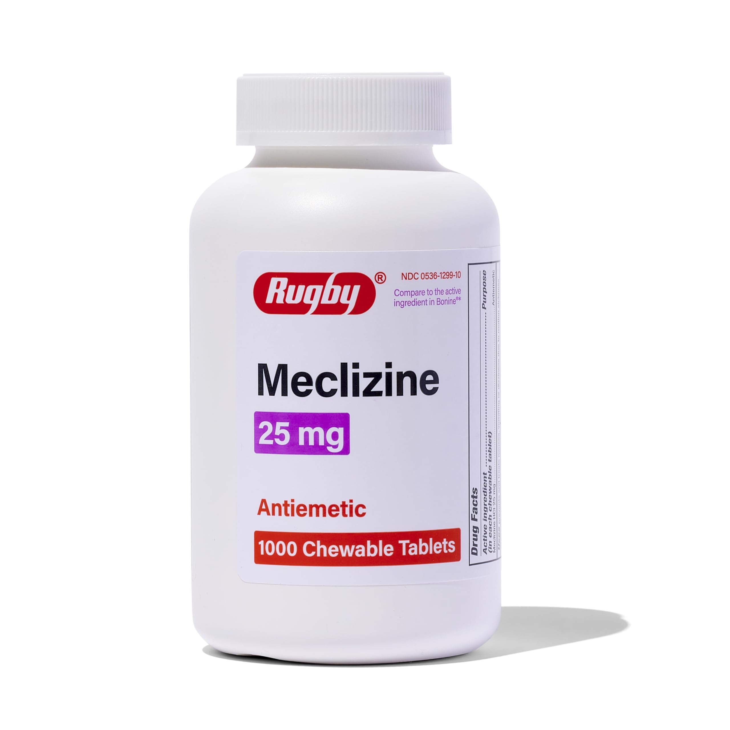 Rugby Meclizine bottle with 1,000 tablets for travel relief.