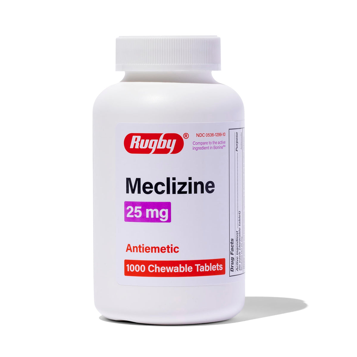 Rugby Meclizine bottle with 1,000 tablets for travel relief.
