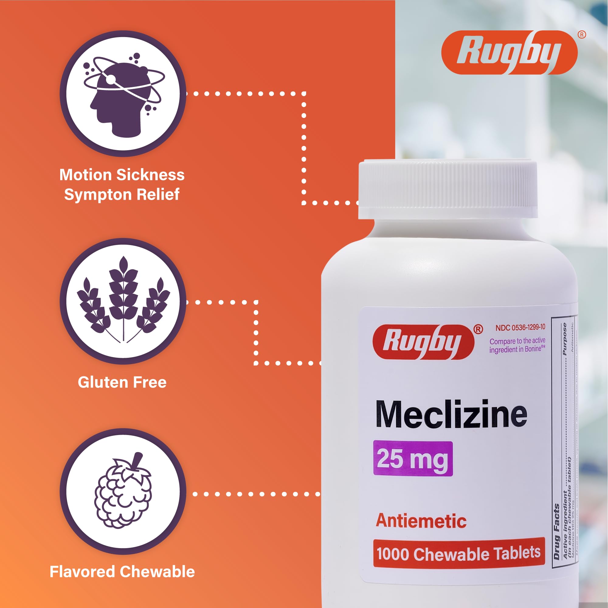 Close-up of Rugby Meclizine tablets highlighting easy chewable format.