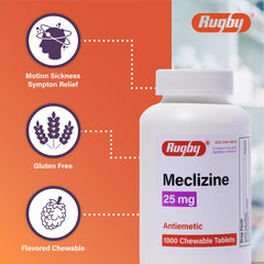 Close-up of Rugby Meclizine tablets highlighting easy chewable format.