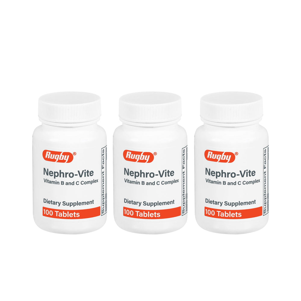 Rugby Nephro-Vite bottle front highlights vitamin B and C complex for daily use.