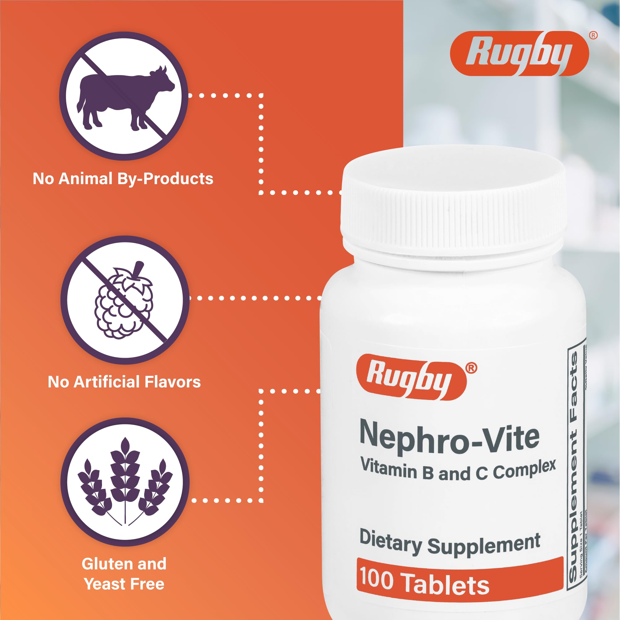 Rugby Nephro-Vite bottle pour demonstrates simple daily dosage.