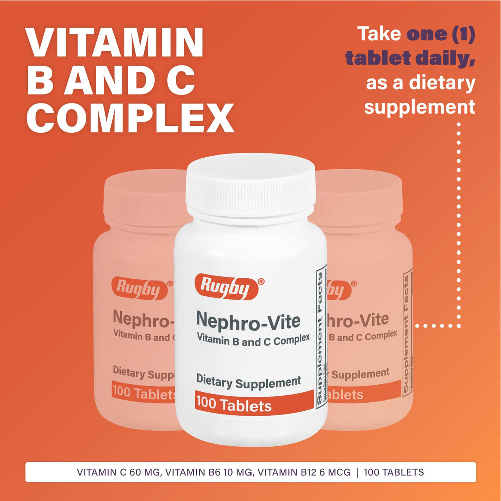 Rugby Nephro-Vite tablets close-up shows compact, easy-to-swallow capsules.
