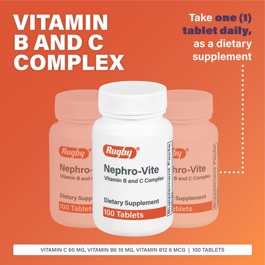 Rugby Nephro-Vite tablets close-up shows compact, easy-to-swallow capsules.