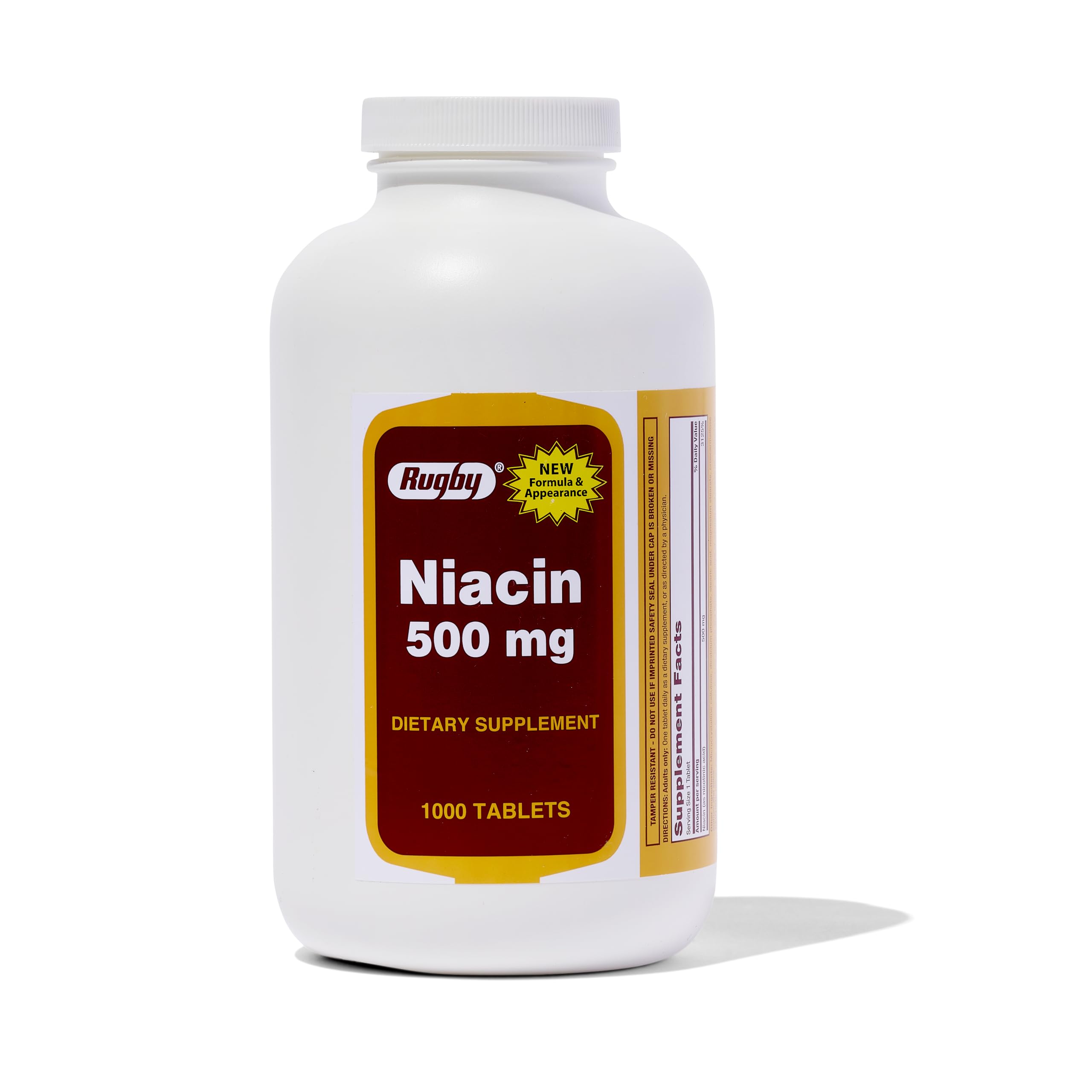 Rugby Niacin 500mg bottle with tablets supporting daily energy metabolism for adults.