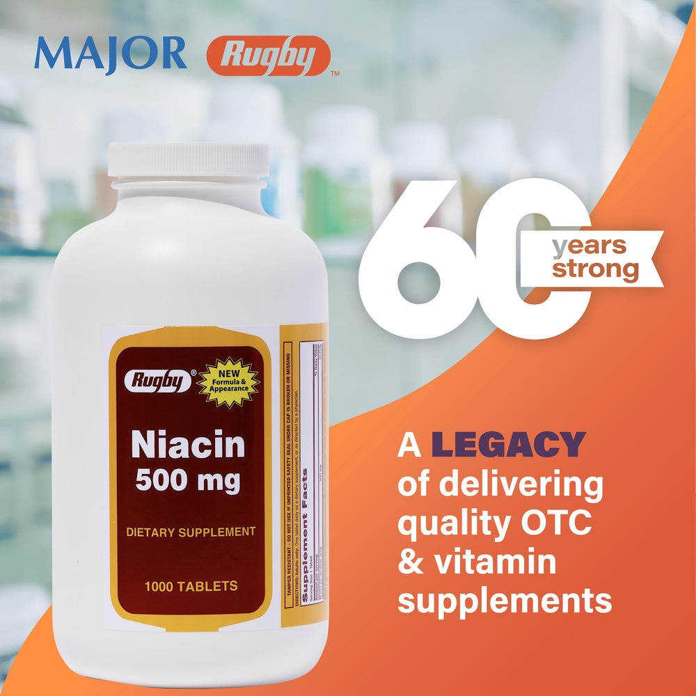 Rugby Niacin 500mg tablets closeup showing easy-to-swallow pills.