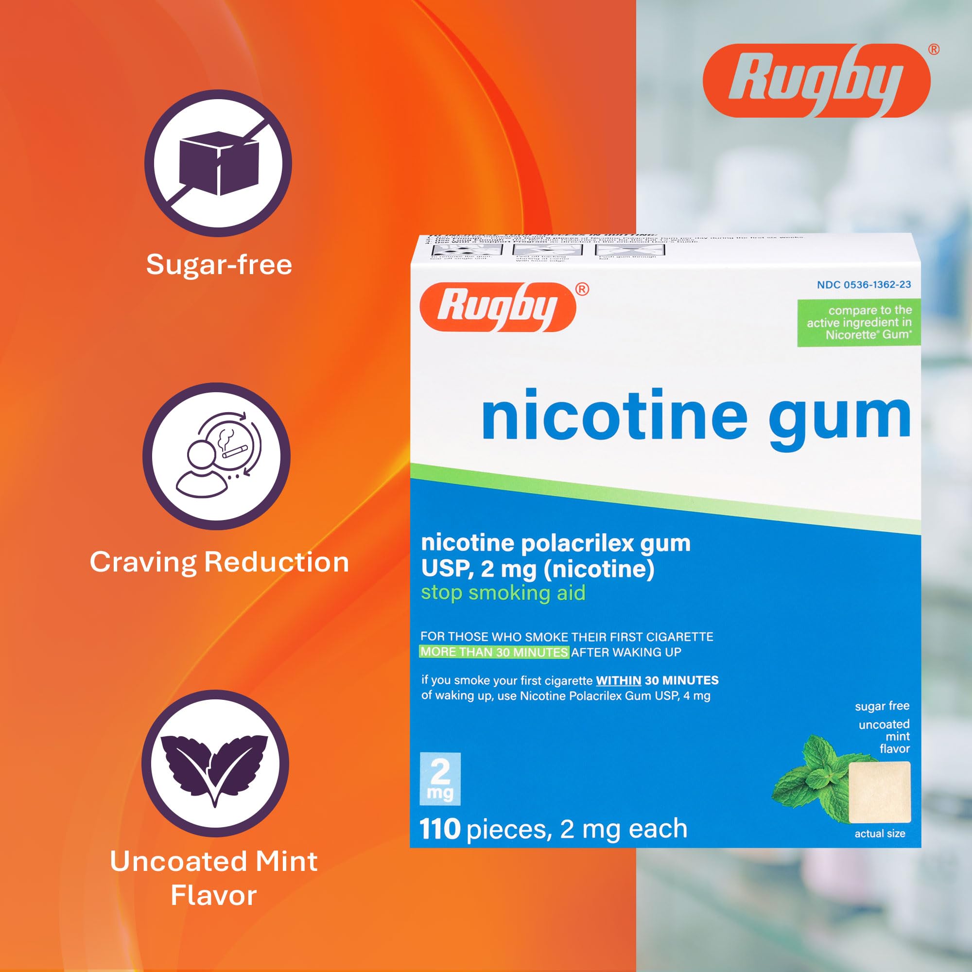 Rugby Polacrilex gum in mint flavor avoids added sugar.