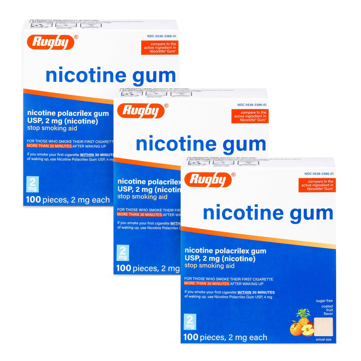Rugby Laboratories nicotine gum 2mg fruit flavor 100-count pack provides discreet cravings support.