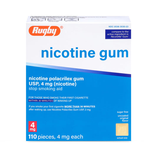 Rugby Nicotine Gum 4mg original pack front, sugar-free option for quit support