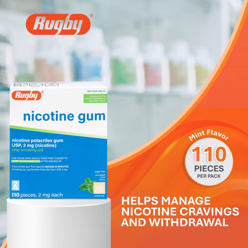 Rugby Polacrilex mint gum tingles to ease cravings on the go.