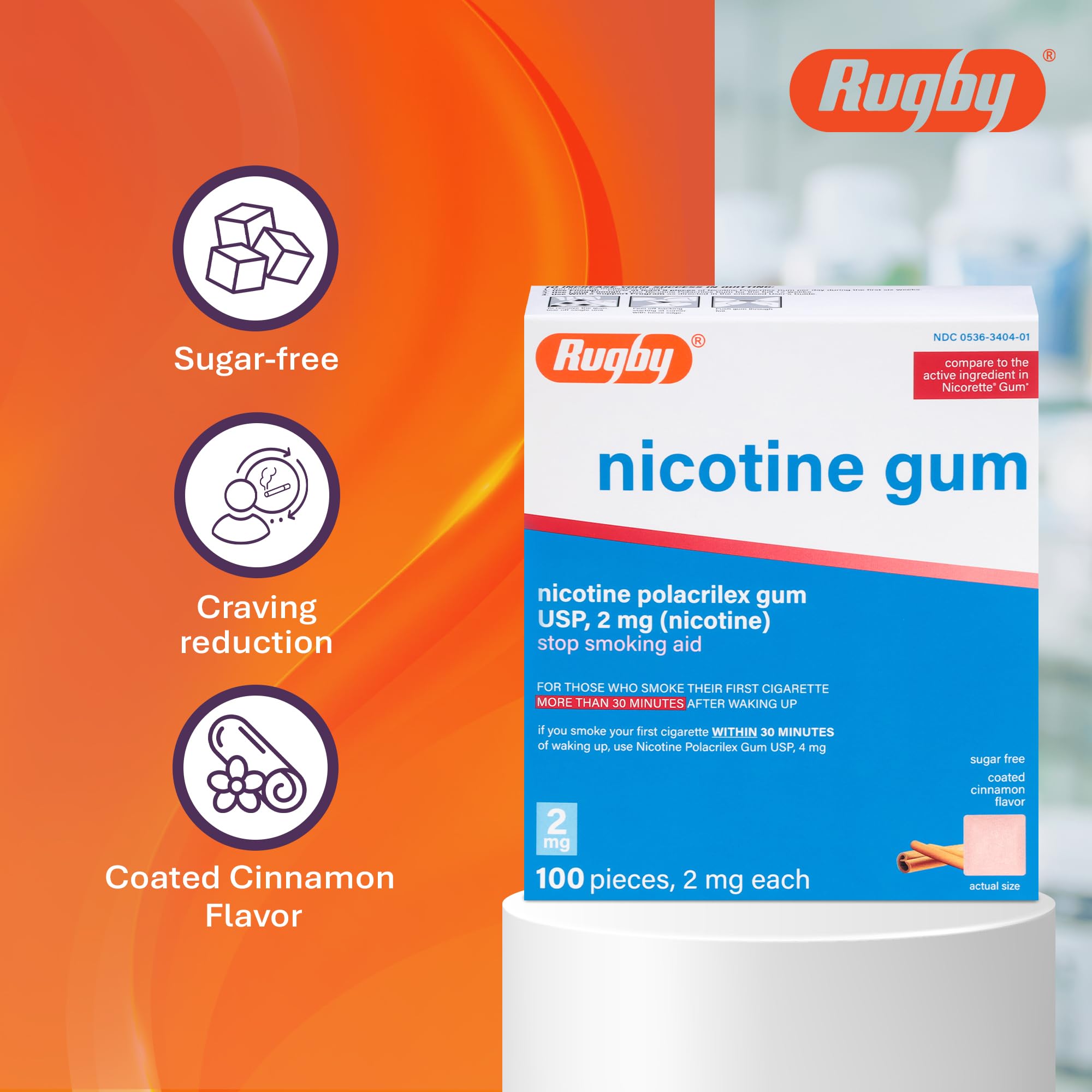Rugby Polacrilex gum cinnamon packaging highlights sugar-free benefit