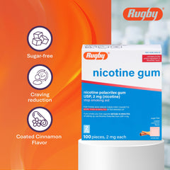 Rugby Polacrilex gum cinnamon packaging highlights sugar-free benefit