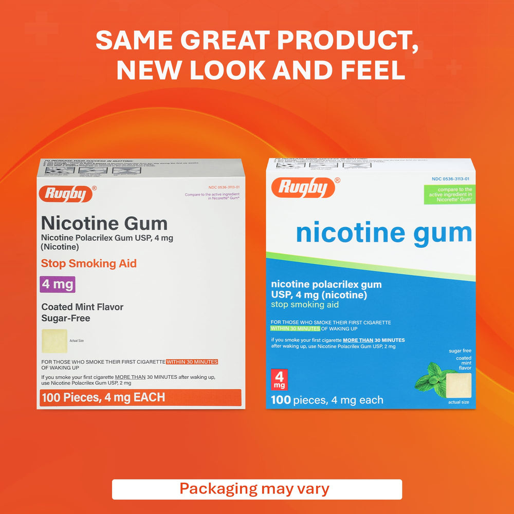 Rugby Polacrilex 4mg mint gum for discreet daily use.