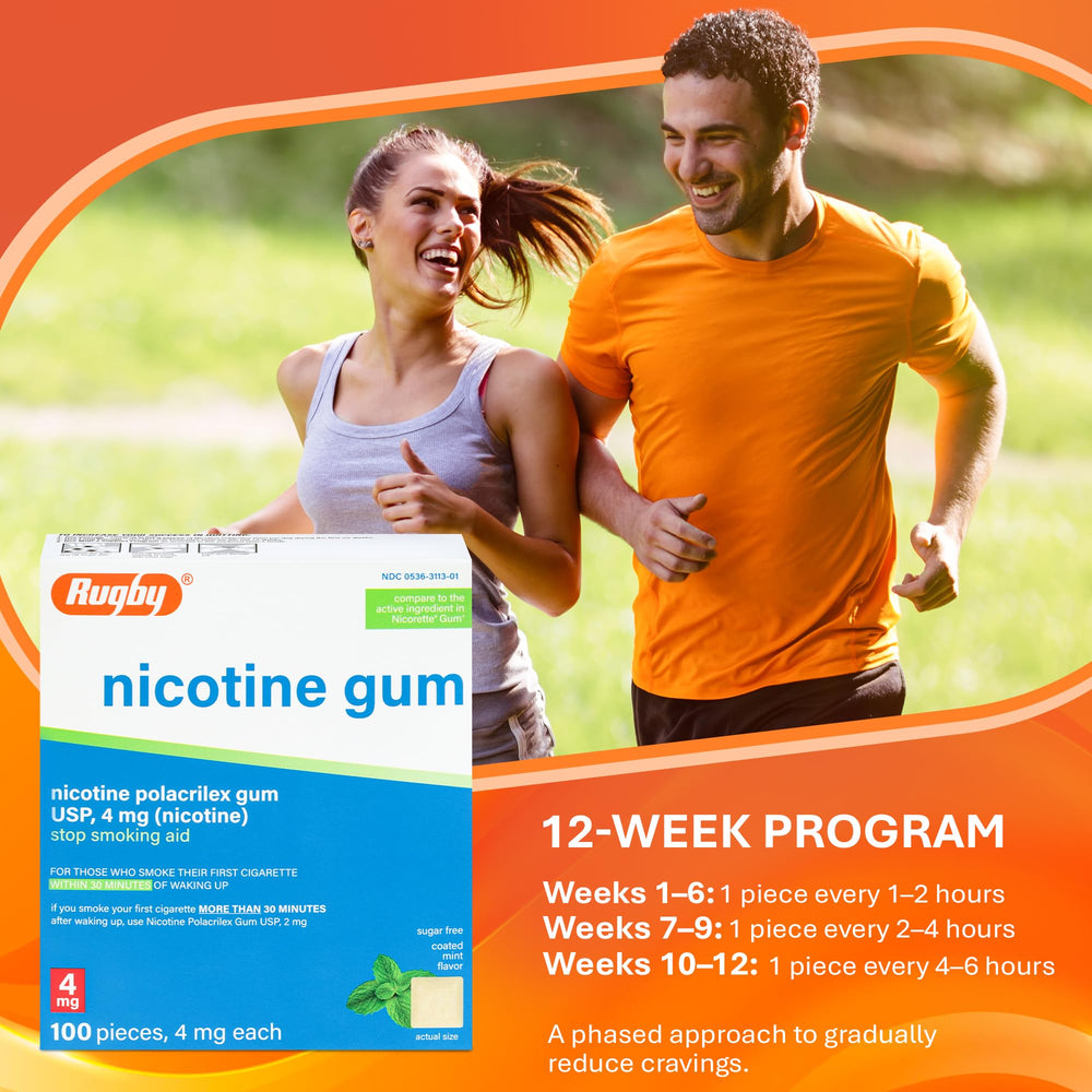 Rugby Polacrilex 4mg gum sugar-free keeps flavor without sugar.