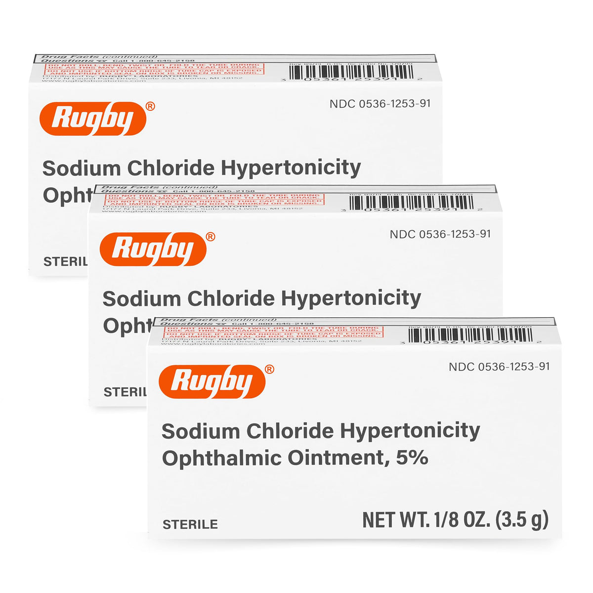 Rugby Sodium Chloride Ophthalmic Ointment packaging shows the 5% formula for temporary corneal relief.