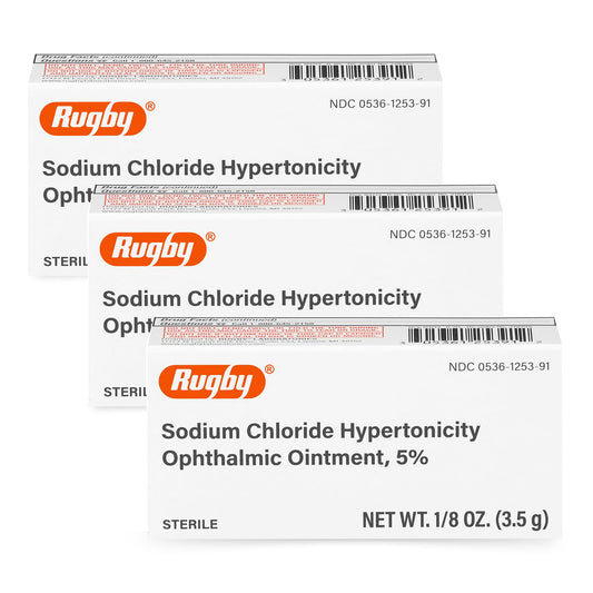 Rugby Sodium Chloride Ophthalmic Ointment packaging shows the 5% formula for temporary corneal relief.