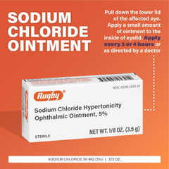 Rugby Sodium Chloride Ophthalmic Ointment being applied inside the lower eyelid.