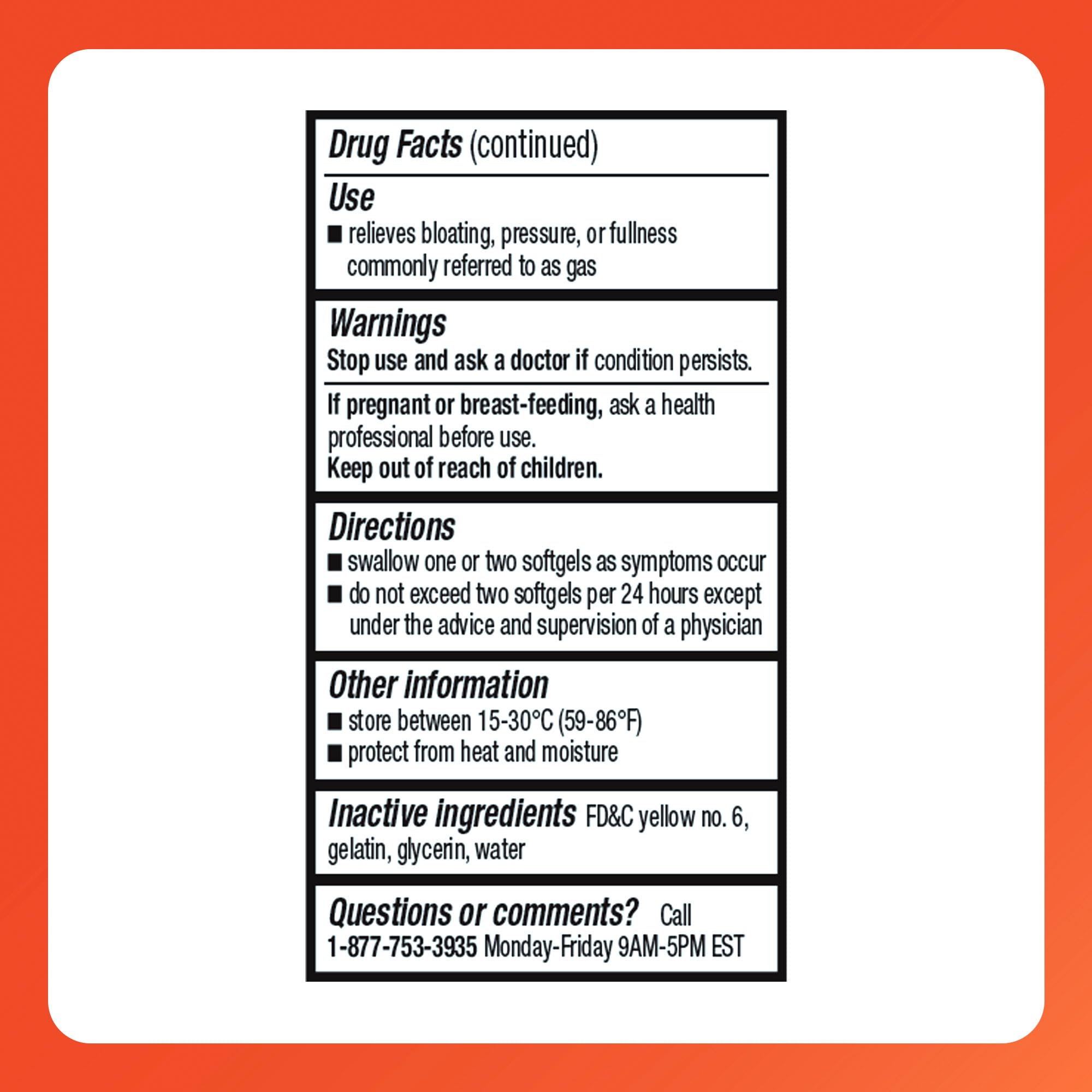 Rugby Ultra Strength simethicone dosage label, easy to read.