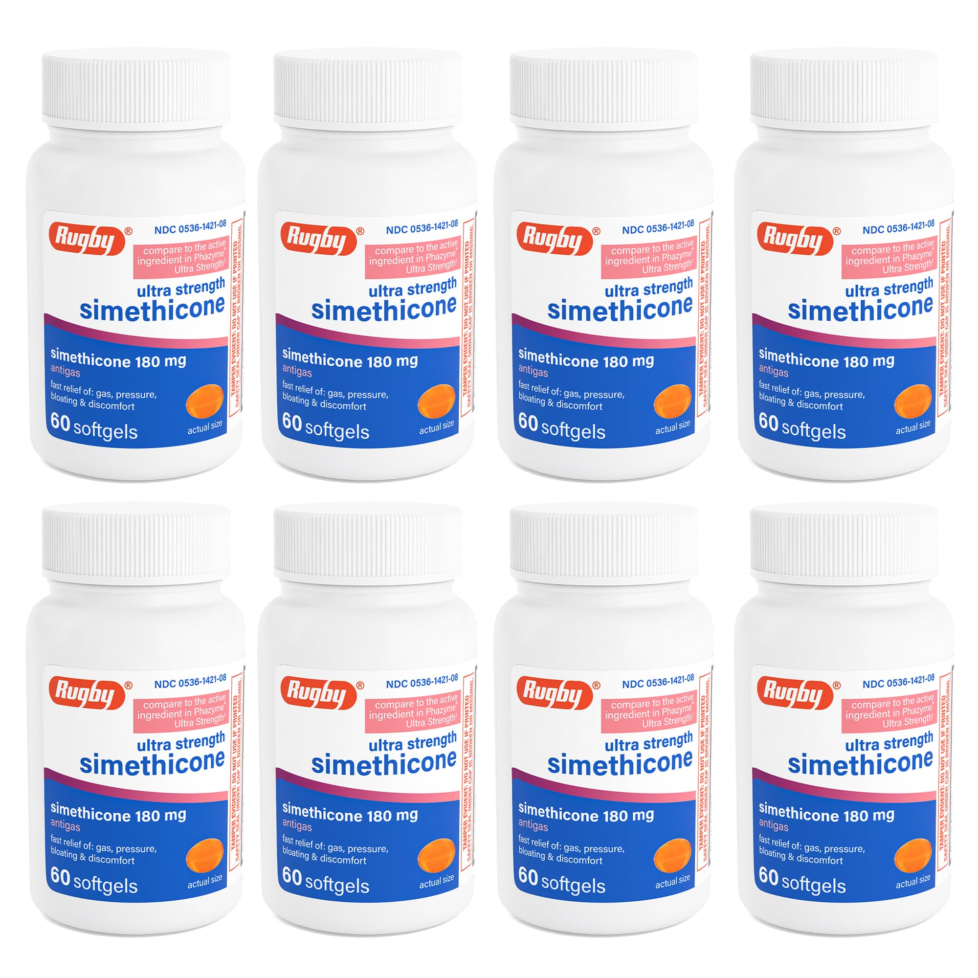 Rugby Ultra Strength gas relief bottle with softgels for adults.