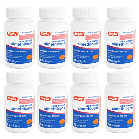 Rugby Ultra Strength gas relief bottle with softgels for adults.