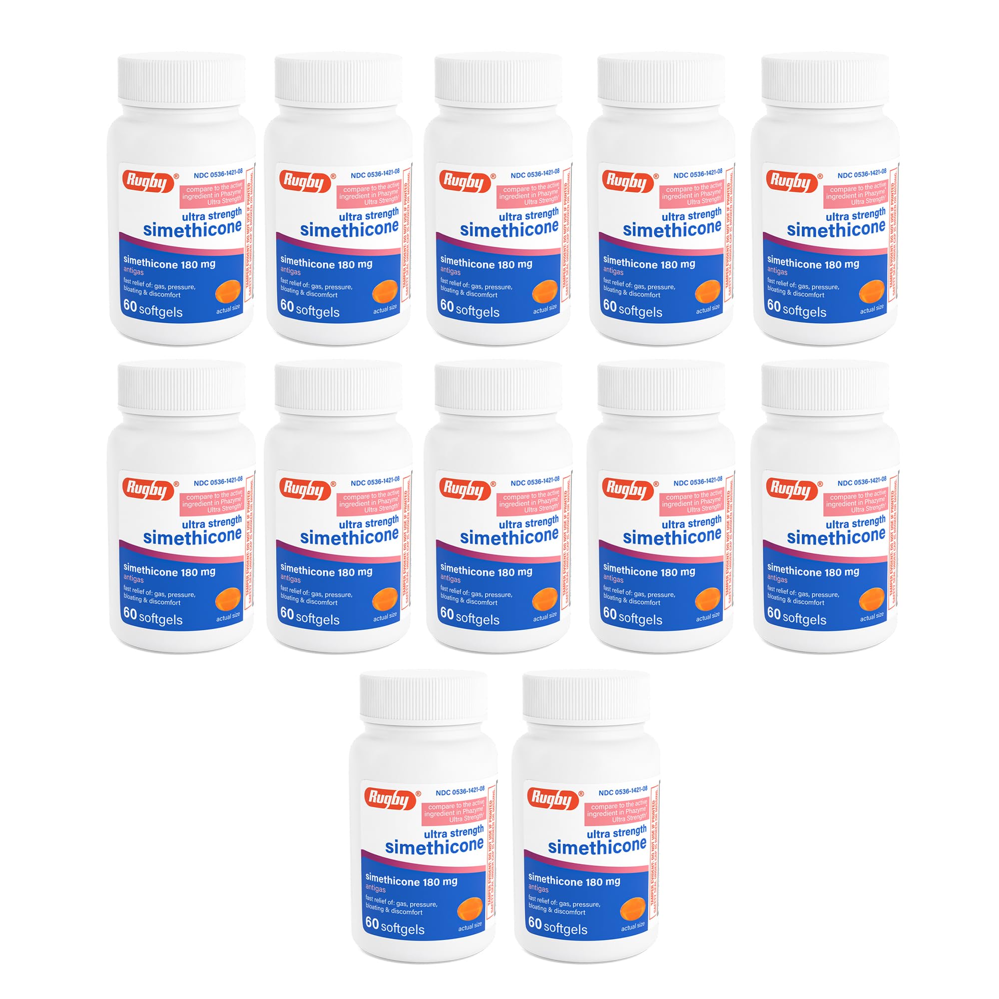 Rugby Ultra Strength Simethicone softgels, post-meal gas relief.