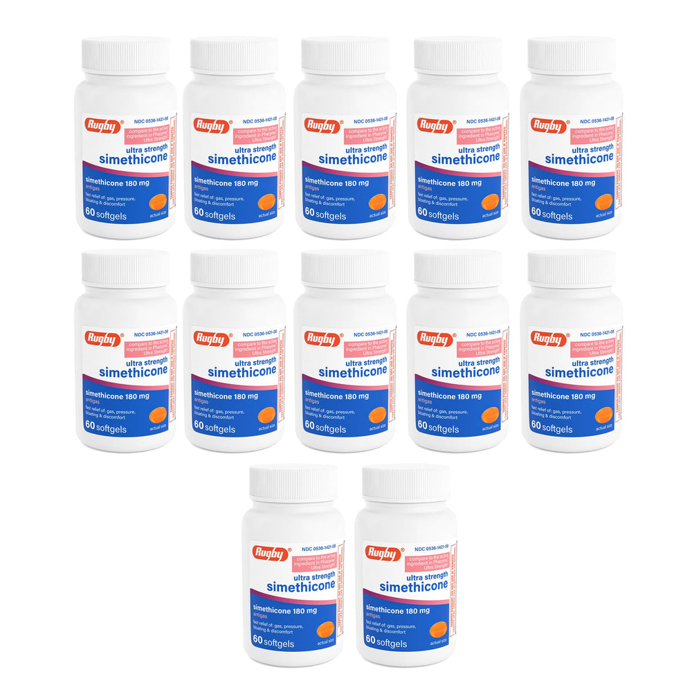 Rugby Ultra Strength Simethicone softgels, post-meal gas relief.