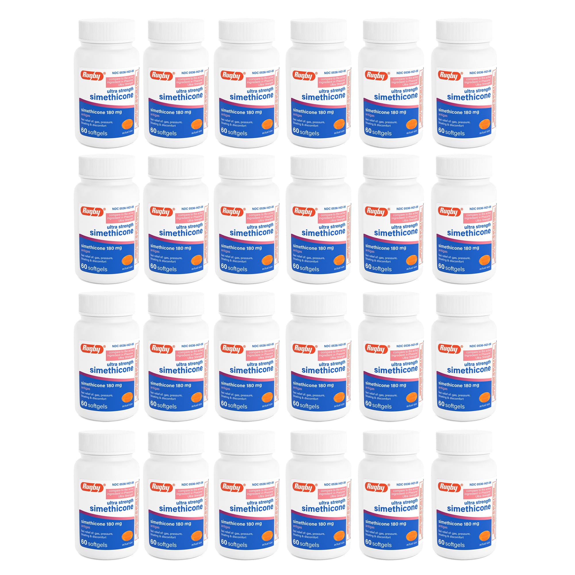 Rugby Ultra Strength Simethicone bottle front for post-meal gas relief.