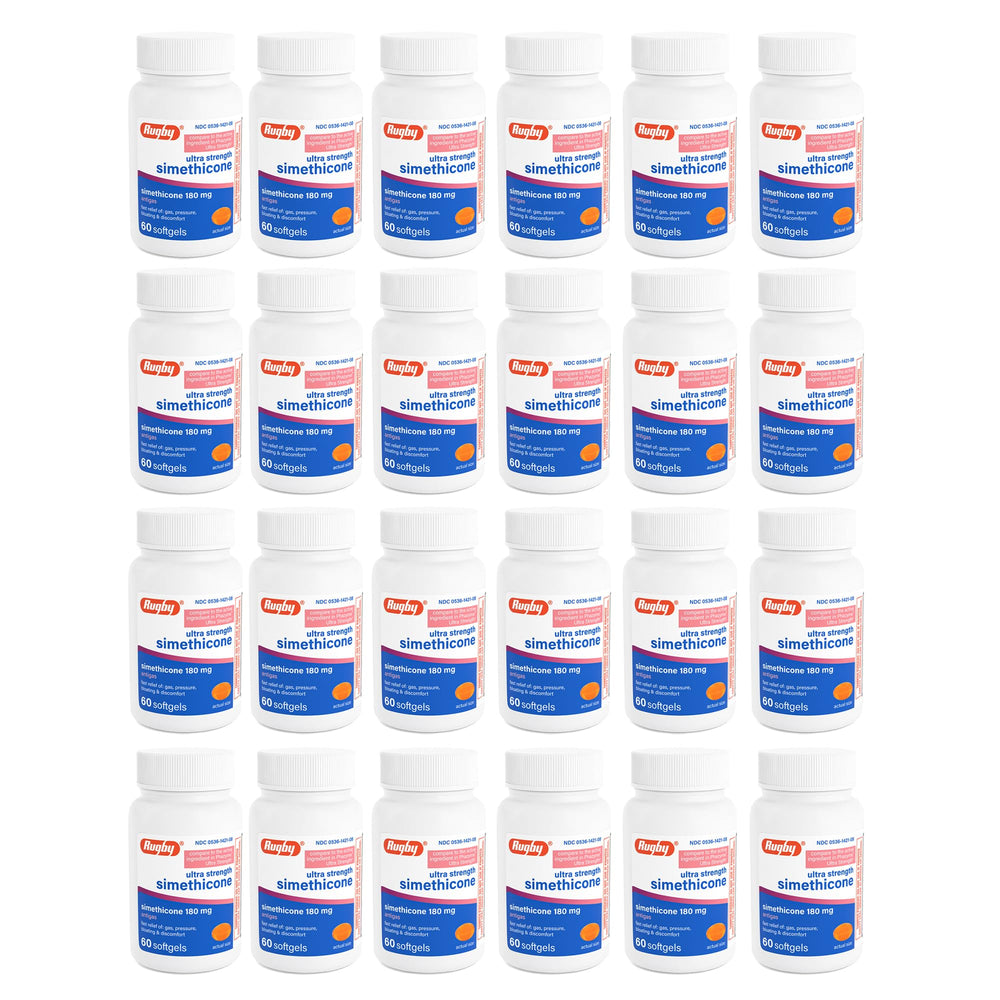 Rugby Ultra Strength Simethicone bottle front for post-meal gas relief.