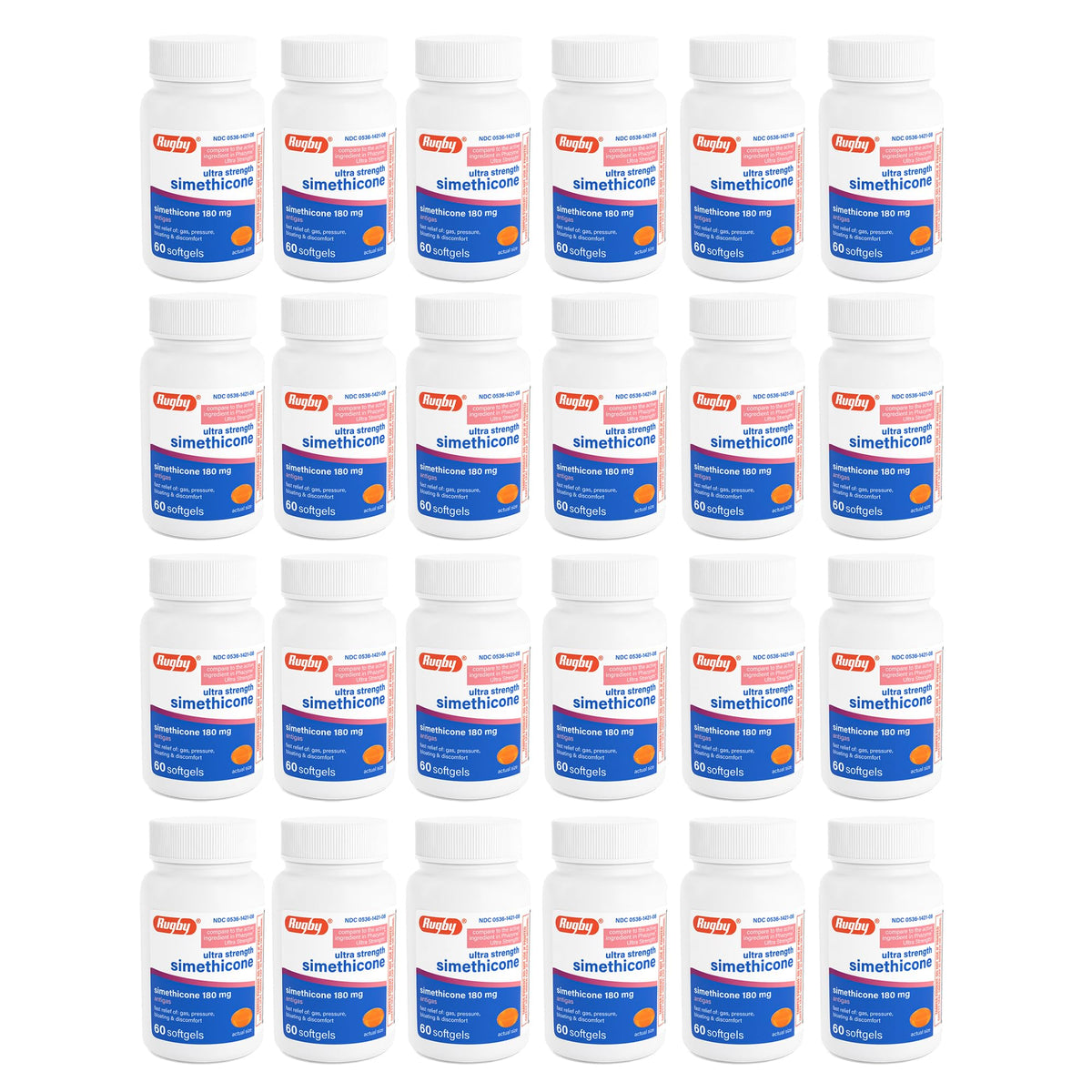 Rugby Ultra Strength Simethicone bottle front for post-meal gas relief.
