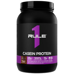 Rule 1 Casein Protein bottle highlights slow-release 25g protein per serving.