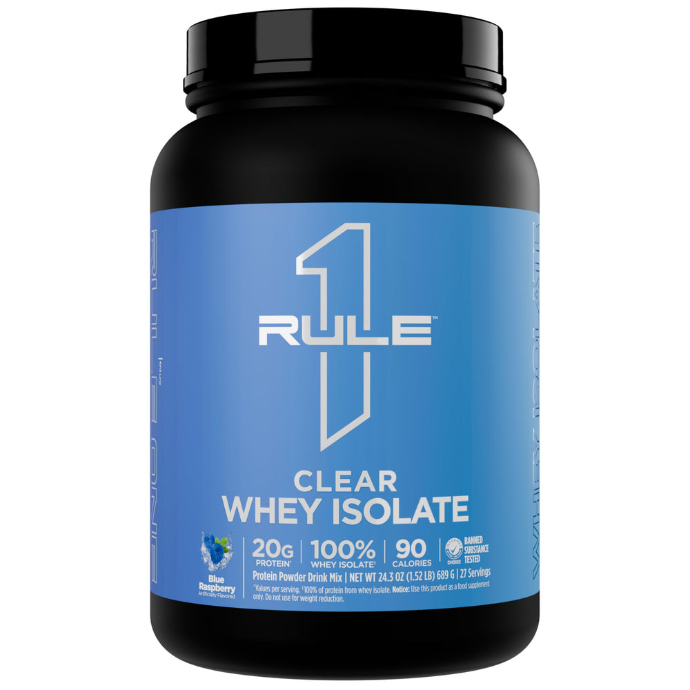 Rule 1 Clear Whey Isolate blue raspberry glass showcases refreshing post-workout drink.