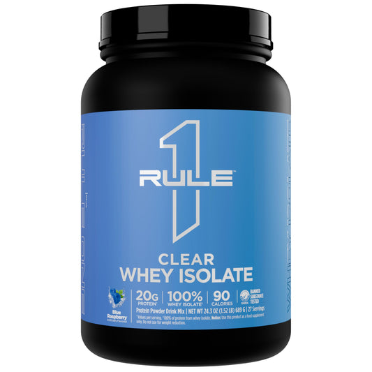 Rule 1 Clear Whey Isolate blue raspberry glass showcases refreshing post-workout drink.