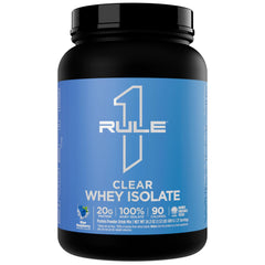 Rule 1 Clear Whey Isolate blue raspberry glass showcases refreshing post-workout drink.