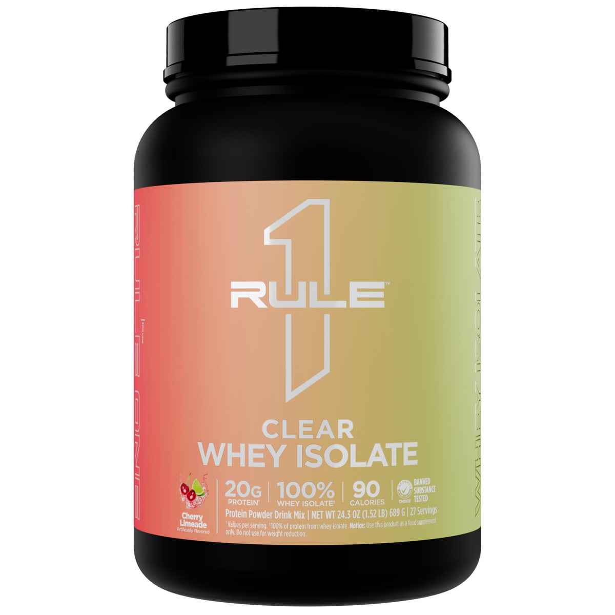 Rule 1 Clear Whey Isolate bottle front shows a refreshing protein option after workouts.