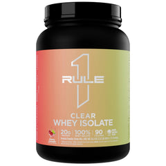 Rule 1 Clear Whey Isolate bottle front shows a refreshing protein option after workouts.