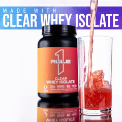 Rule 1 Clear Whey Isolate ice-cold shake in gym setting.
