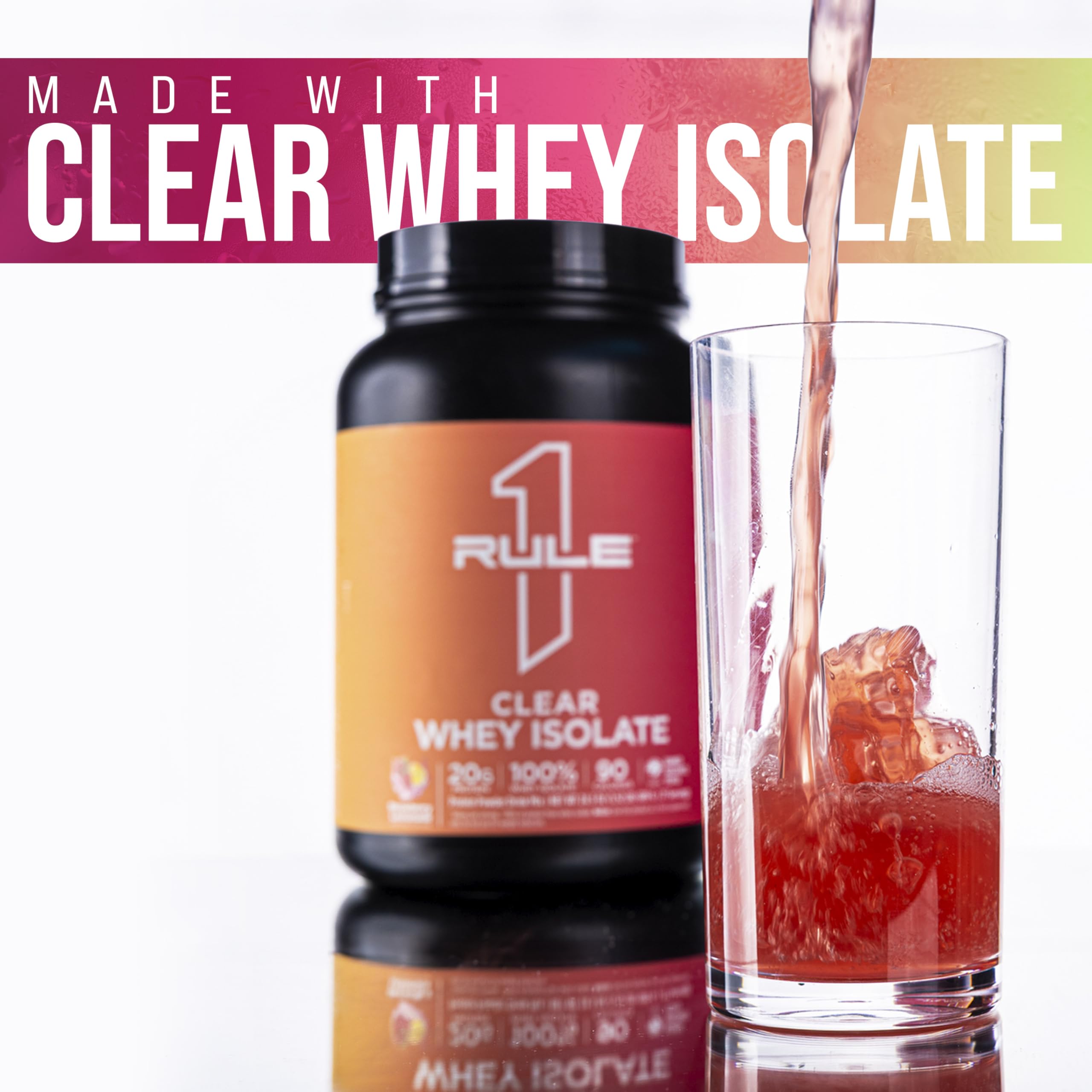 Rule 1 Clear Whey Isolate nutrition panel highlights protein per serving and low calories.