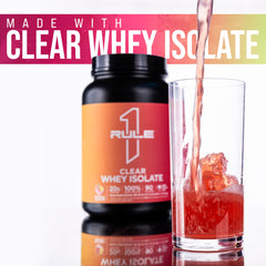 Rule 1 Clear Whey Isolate nutrition panel highlights protein per serving and low calories.