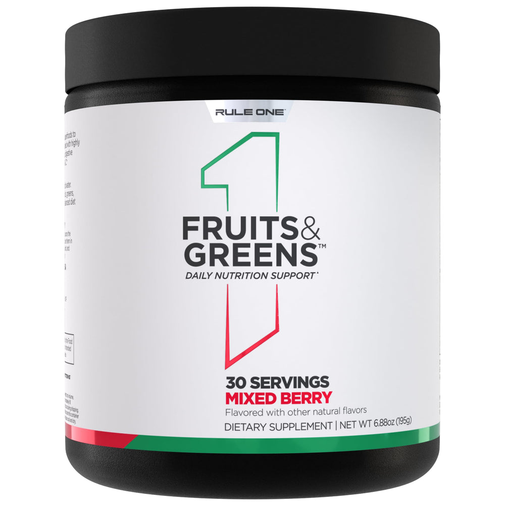 Rule 1 Fruits and Greens Powder bottle front for daily antioxidant support.