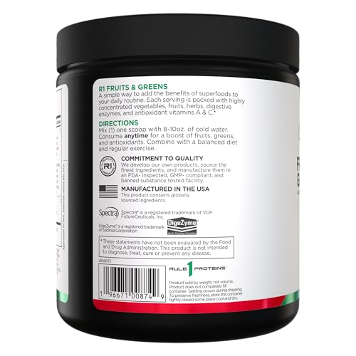 Rule 1 Fruits and Greens Powder container label highlights 4g fruit and vegetable blend.