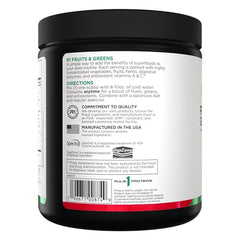 Rule 1 Fruits and Greens Powder container label highlights 4g fruit and vegetable blend.